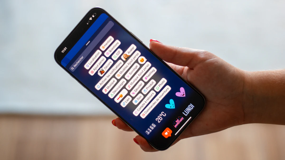 Instagram story editor with stickers, polls and question boxes on a phone