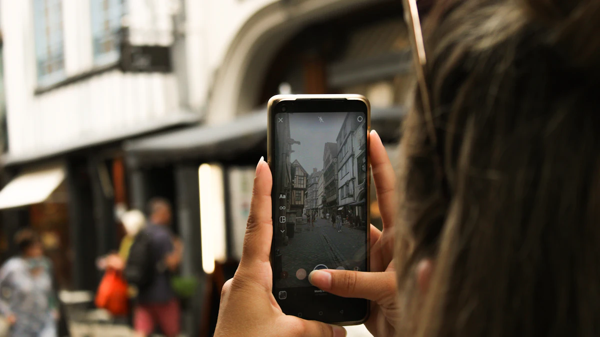 Person taking a photo for an Instagram story on a busy street